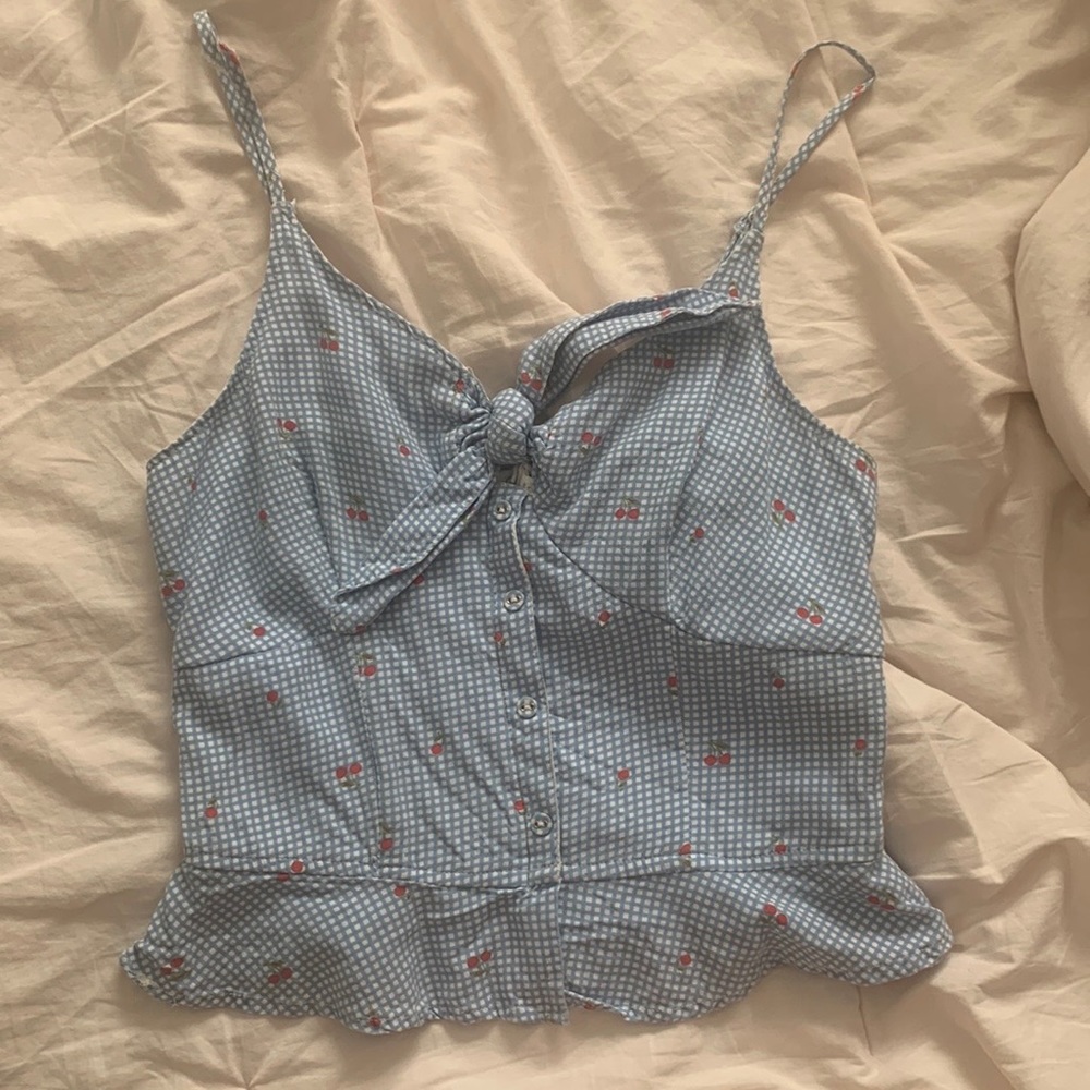 Long crop tank with Gingham pattern and cherries.